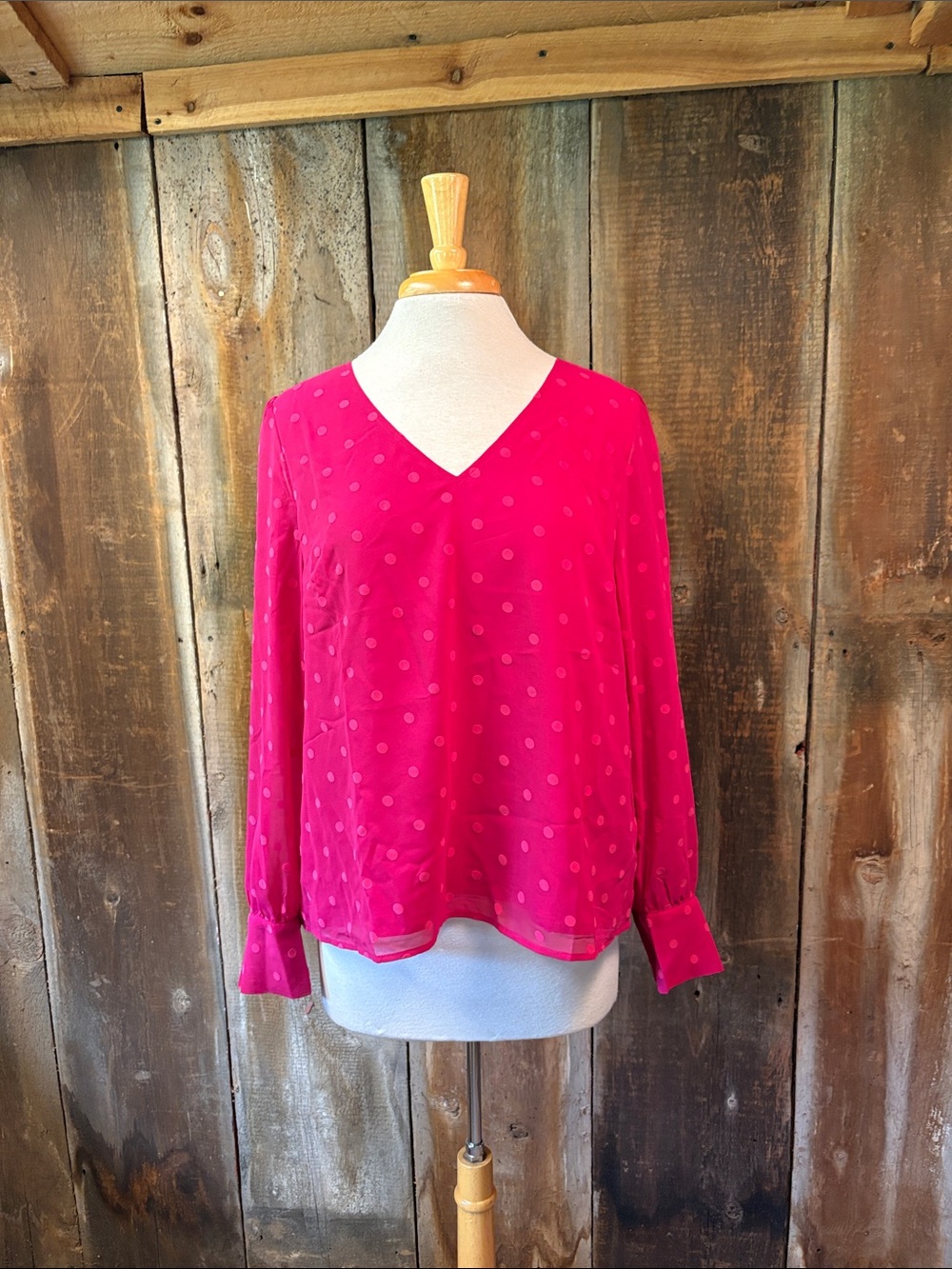 NWT J. Crew Polka Dot Chiffon V-Neck Long Sleeve Blouse Pink Sz Large Sheer